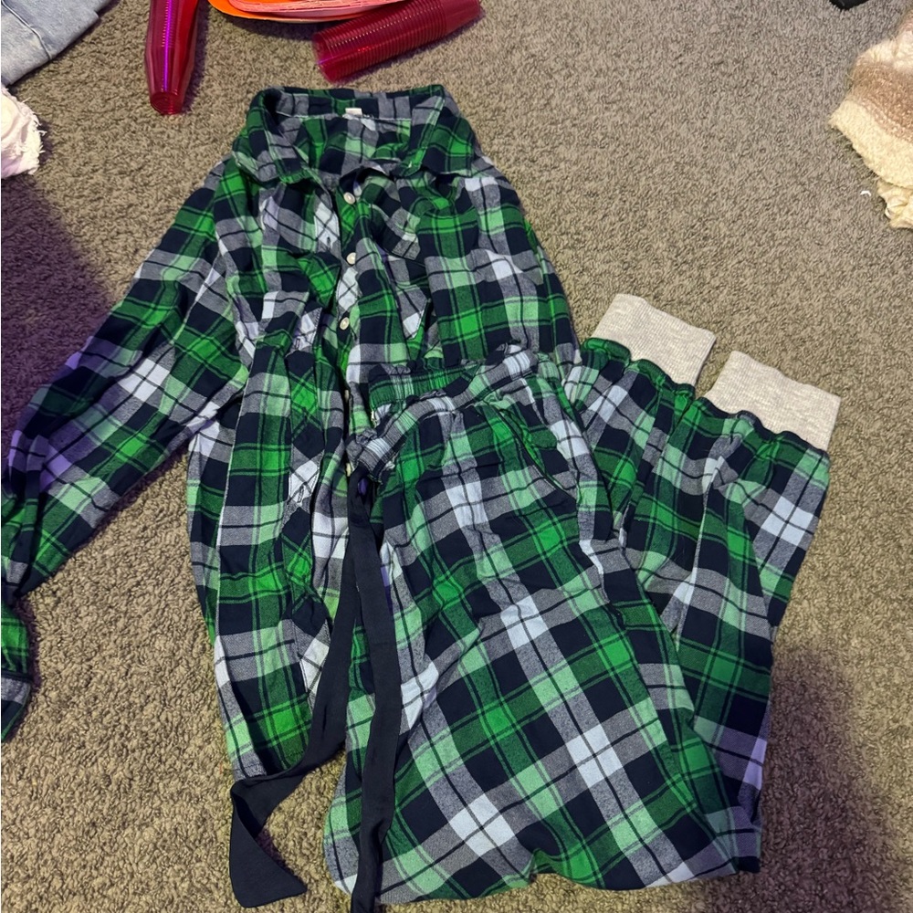 Aerie Green and Black Plaid Button-Up Pajama Top and Bottom